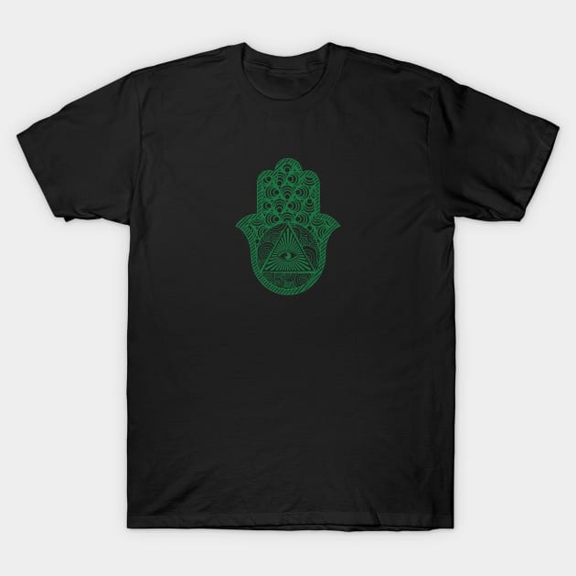 Quiet Wave Green Zentangle Hamsa Hand of Fatima - Black T-Shirt by MysticMagpie